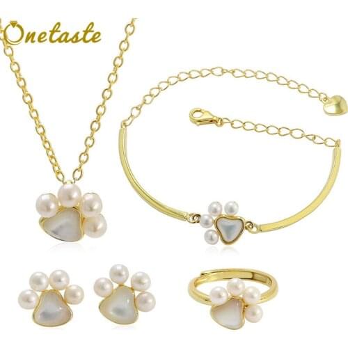S925 Silver Pearl Jewelry Sets Bear Paw Necklace Earrings Ring Bracelet Shell Delicate Minimalism Fine Jewel Girl Women Gift
