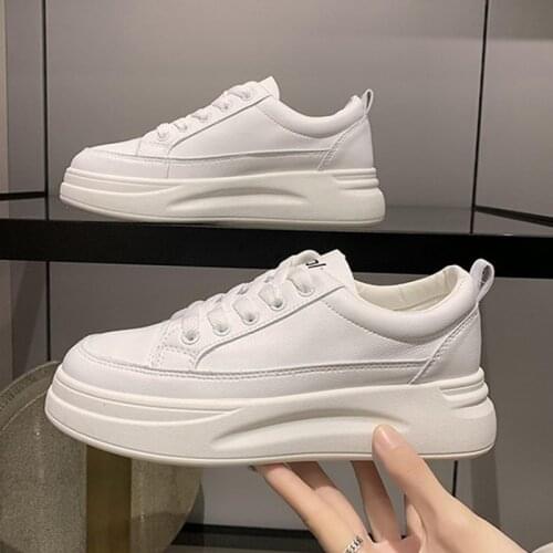 Leather Platform Sneakers Women Vulcanized Shoes 2021 New Casual White Shoes Ladies PU Walking Flats Female Lace-up Basket Femme