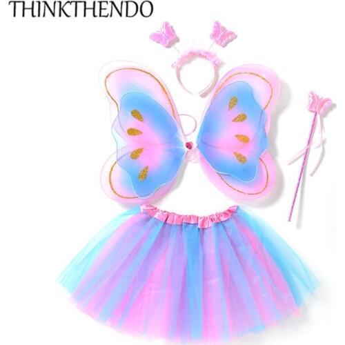 4Pcs Butterfly Wings Set Kids Girls Fairy Double Layers Tutu Skirt Wing Magic Wand Headband Cosplay Clothes Party Costume