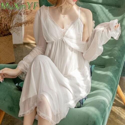 Summer Dress Women Plus Size Sexy Lace Nightdress Pajamas Summer Long Can Drop Shoulders Two Wear Temptation Sleepwear Pijamas