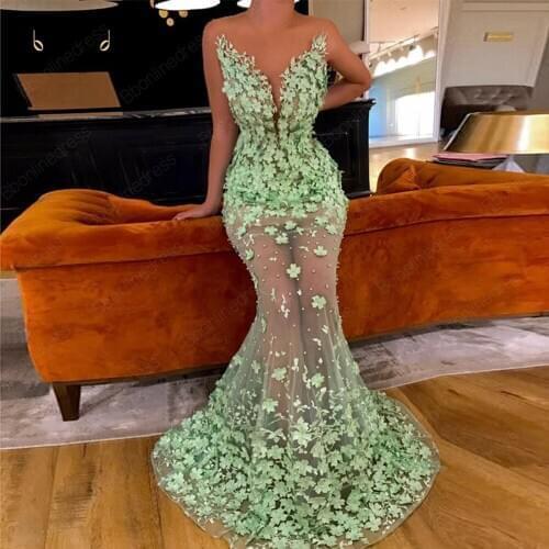 Mint Green Muslim Evening Dresses 2020 Mermaid Tulle Flower Pearls See Through Dubai Saudi Arabic Long Evening Gown Plus Size