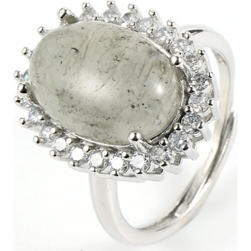 Natural Oval Labradorite Tiger Eye Stone Rings For Women 2020 New Silver Plated Mosaic Cubic Zirconia Adjustable Finger Ring