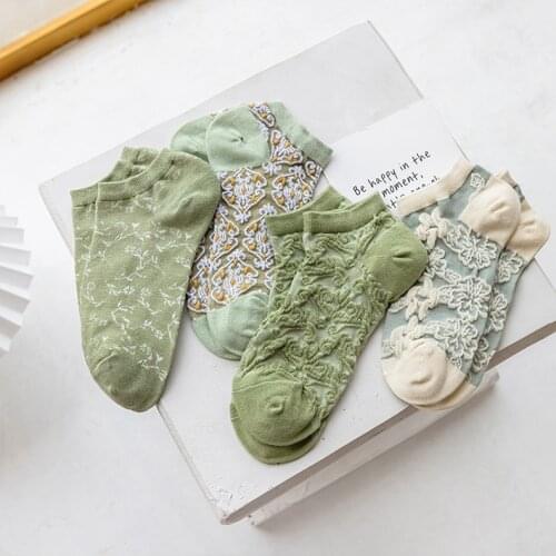 Women Socks 2021 Fashion New Spring Summer Invisible Retro Printed Green Flower Socks Girls Women Casual Cotton Ankle Socks Girl