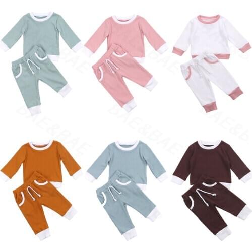 0-4Y Toddler Baby Boys Girls Autumn Clothing Newborn Kids Baby Girls Ribbed Knitted Long Sleeve T-shirts+Pants Tracksuits Sets