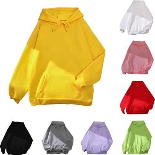 Hot Womens Casual Solid Top Long Sleeve Loose Hooded Sweatshirt Top With Pocket Simple Warm Daily Sweatshirt Felpe Donna 2021