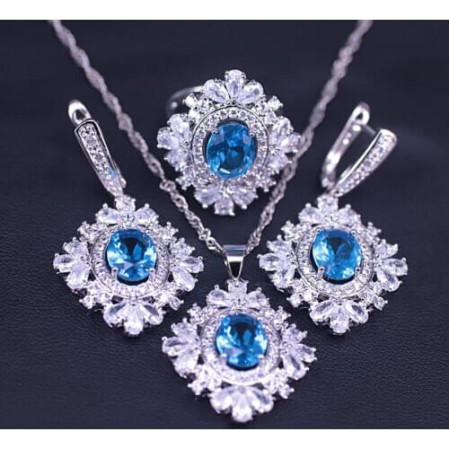 Luxury Jewelry Austrian sky Blue Crystal Silver Color Jewelry Set For Women Earrings Necklace Ring Set Fast ship