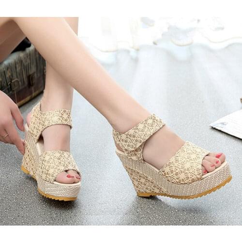 Women Sandals New Summer Fashion Lace Hollow Gladiator Wedges Shoes Woman Slides Peep Toe Hook & Loop Solid Lady Casual