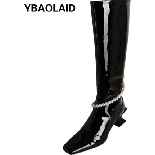 Square-toe Patent Leather Pearl Shaped Heel Boots New Style But Knee High Boots with Rhinestone Side Zipper Thick Heel