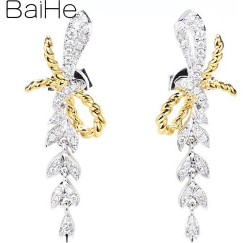 BAIHE Solid 14K Yellow White Gold 0.14ct H/SI Round Natural Diamonds Wedding Trendy Fine Jewelry bowknot Stud Earrings for Women