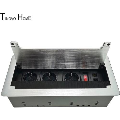 Hide dust proof home outlet box/3 EU standard plugs/brush clamshell office table socket/dual RJ45 network connector+power switch
