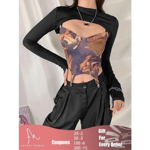Crop Top For Women 2021 Vintage Painting Style Street Wear Tank Top Long Sleeves 2in1 Suitable For Spring Summer Autumn Woman
