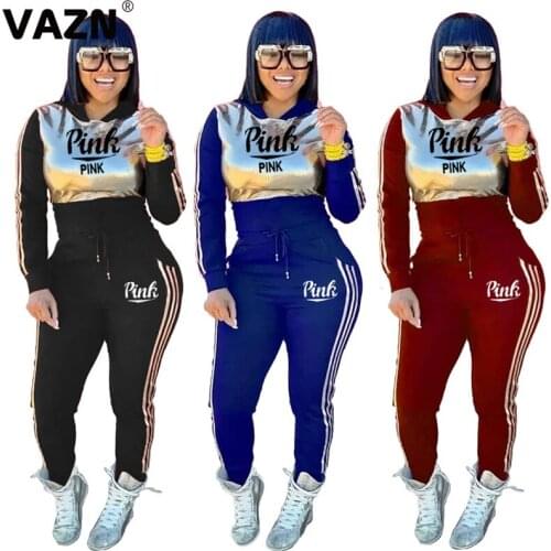 VAZN 2020 Casual New Women Set Tracksuit Full Sleeve O-neck Letter Patchwork Pencil Pants Suit Two Piece Set Office Lady Sets