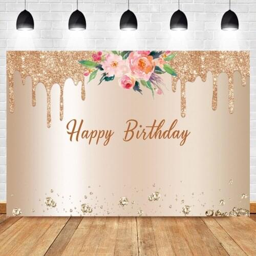 Happy Birthday Gold Glitters Photo Background Diamond Pink Flower Customized Banner Poster Baby Child Photography Vinyl Backdrop