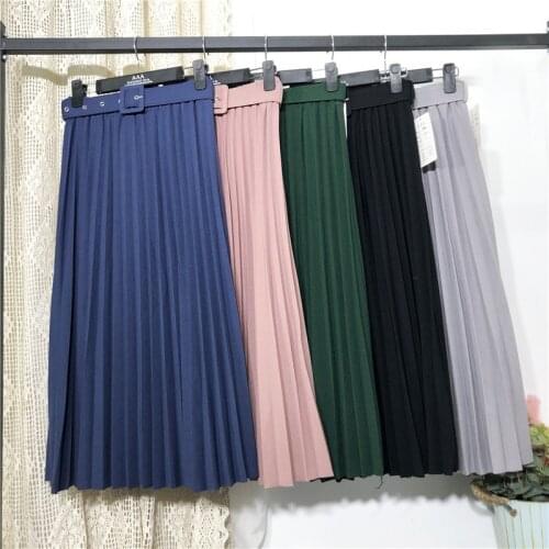 High Waist Womens Skirt Solid Color Belt Pleated Mid-length Skirt Casual Retro Skirt Ladies 11 Colors