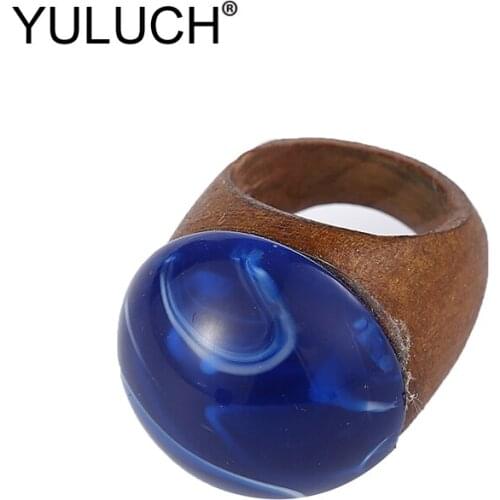 YULUCH Trendy Blue Red Natural Stone Texture Big Rings For Women Ethnic Brown Wooden Wedding rings Set For Party Fashion Jewelry