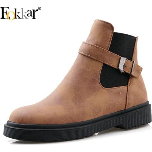 Eokkar 2020 Women Ankle Boots Round Toe All Match Square Low Heel Winter Boots Zipper Women Shoes Casual Ladies Boots Size 34-43