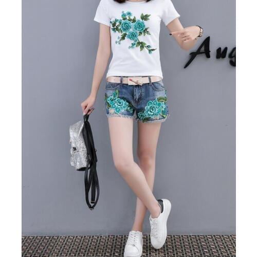 Womens Korean Fashion Summer Green peony Flower embroidery Shorts Female Sexy Tassel Jeans Plus Size short Pants TB650