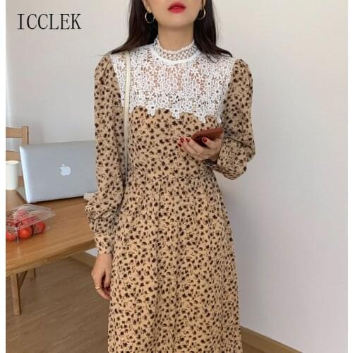 Korean One-Piece Suitable For Spring Autumn Of 2021 Female Robe Stand-Up Collar Lace Stitching Chiffon Dress Casual Dress 545