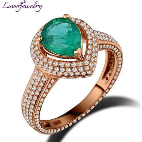 LOVERJEWELRY Natural Pear Jade Green Engagement Diamonds Ring Solid 18K Rose Gold Emerald Ring For Women Party Gift Jewelry