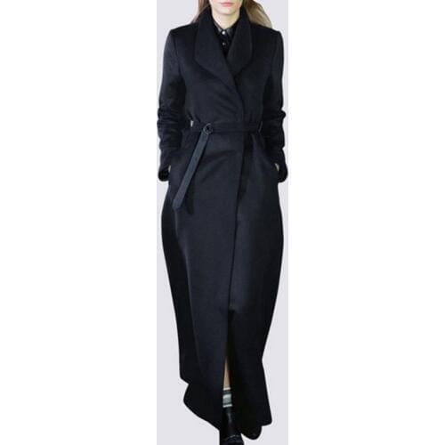 Women Autumn Winter Turn Down Collar Wool Coat x-Long Fashion Dark blue Woolen Coat Belted