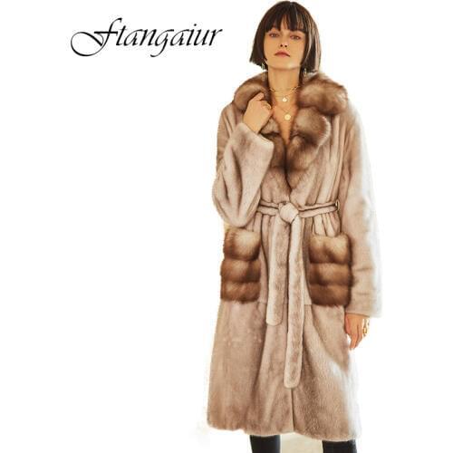 Ftangaiur 2019 Winter Import Velvet Mink Coat Russian sable Collar Pockets Natural Fur Coat Womens X-Long Real Mink Fur Coats