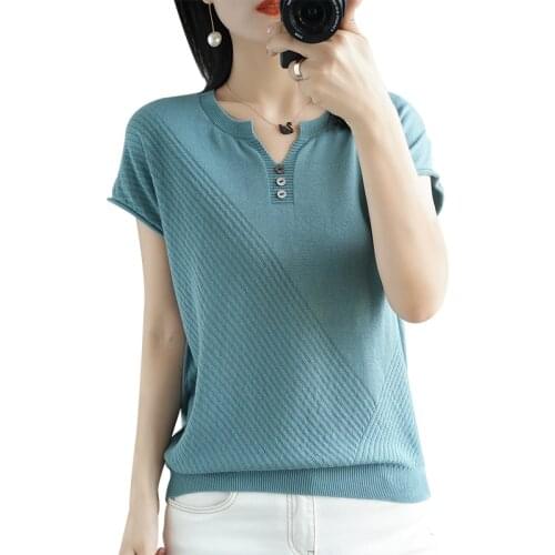 2021 spring and summer new womens V-neck short-sleeved sweater pullover cotton soft