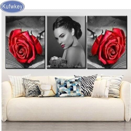 3 Piece Diamond embroidery Red Rose And Woman 5D DIY Cross Stitch Kit Wall Sticker Full drilling Embroidery Triptych Portrait Ar
