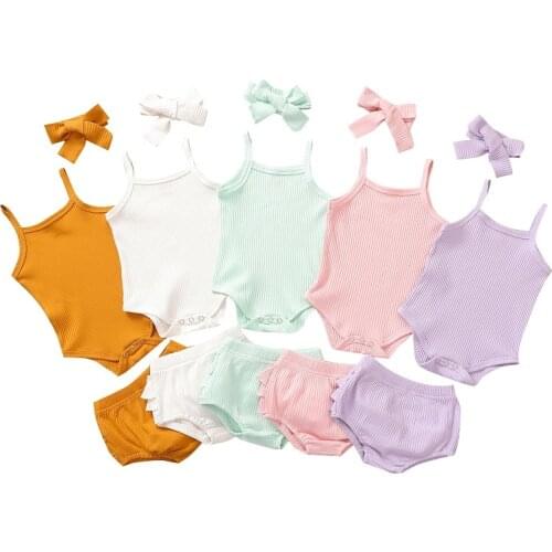 2021 Baby Summer Clothing Infant Newborn Girl 3 Pcs Ribbed Outfits Suits, Sleeveless Knit Romper Tank Top Ruffle Shorts Headband