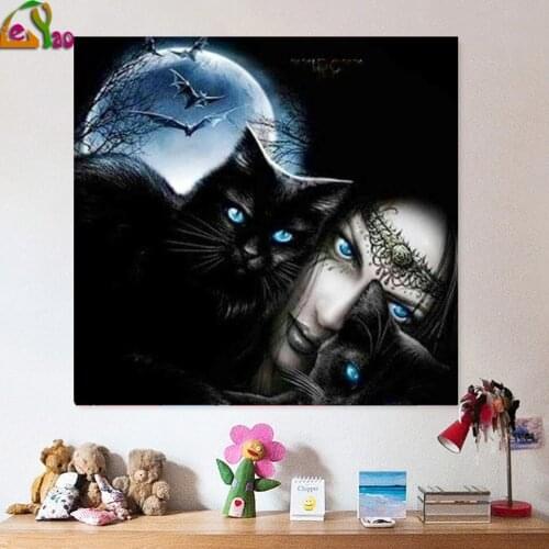 5d Diamond Painting Cat Gothic Art Black Cat Witch friend Full Square Round Drill Diamond Embroidery Fantasy Home Decor Sale