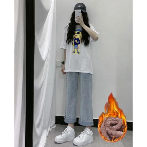 Winter Fleece Jeans Woman Long Trousers Cowboy Female Loose Streetwear High Waist Women Warm Jeans Clothes Wide Leg Jeans