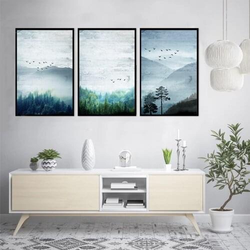 Misty Forest Flying Bird Landscape Painting Abstract Fog Mountain Canvas Prints Modern Living Room Wall Pictures Art Home Decor