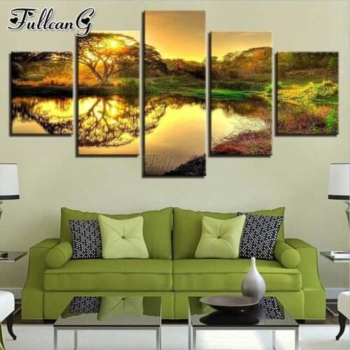 FULLCANG Sunset natural scenery lake 5 piece diy diamond painting full square round mosaic embroidery sale decoration FG0181