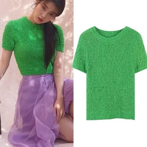 Korean 2020 New summer Autumn Fashion High Quality Solid T-shirt O-neck Green Slim Knitted Short Sleeve sweater top JC472
