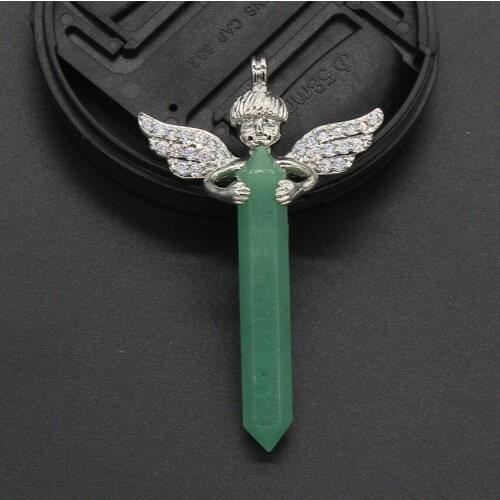 FYSL Silver Plated Angel Wrap Green Aventurine Pillar Pendant Amethysts Stone Charm Jewelry