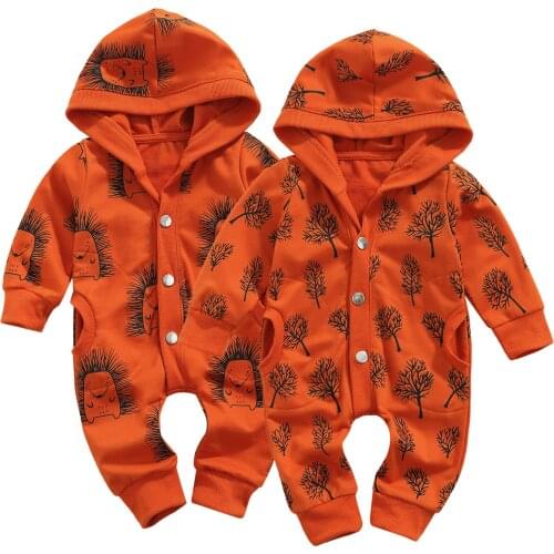 Babies Girls Boys Hooded Jumpsuit, Caramel Lion/ Tree Printed Pattern Long Sleeve Romper, 0-18 Months 2021 New Fashion