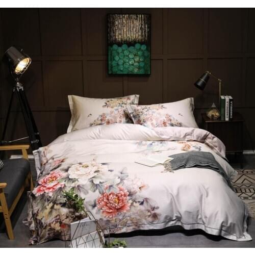 Luxury Tribute silk bedding set queen king size 60S bed set 4pcs white cotton duvet cover bed sheet sets printed Chinese style