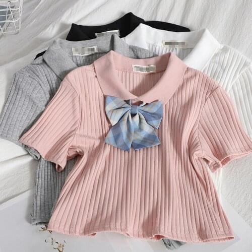 Sweet Girls Stylish Bow Short Crop Top Preppy Style Women Casual Solid Slim T Shirt Chic Camiseta Mujer 2021 Summer