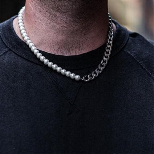 2021 News Stainless Steel Miami Cuba Chain and Half 6mm Pearl Necklace for Men and Women Gold Pearl Chocker