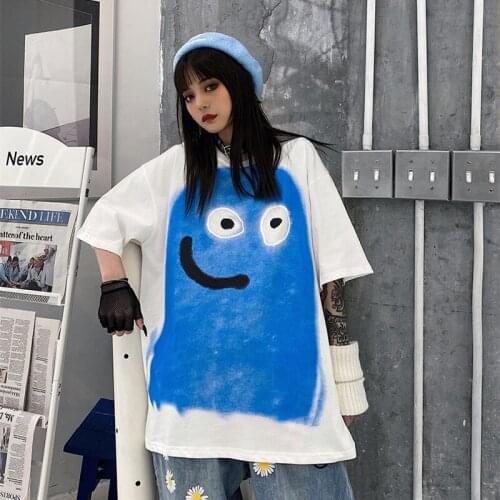 2021 summer new short-sleeved T-shirt female Korean retro hip-hop cartoon print trend loose wild mid-length T-shirt top