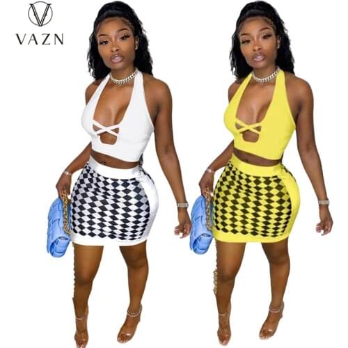 VAZN 2021 New Arrival Energy Sexy Sweet Young Little Chap Halter Sleeveless Top High Waist Mini Skirts Women 2 Piece Set