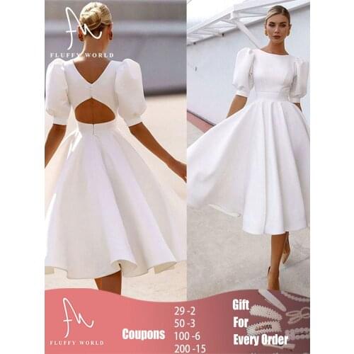 Solid Color Midi Dress Women Elegant O-Neck Short Puff Sleeve Hollow Out White Buttons Long Dresses for Evening Party Wedding