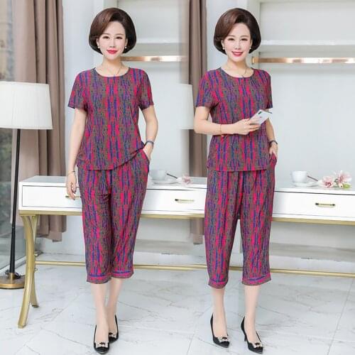 Mother Sets Middle-aged and Elderly 2 Piece Woman Set Loose Top Short Sleeve Womens Summer Print Two-piece Pant Suits