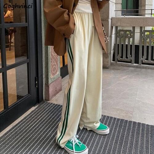 Casual Pants Women Side Striped Chic Loose Korean Style Ulzzang Vintage Straight Students Leisure Femme Trousers Simple Summer