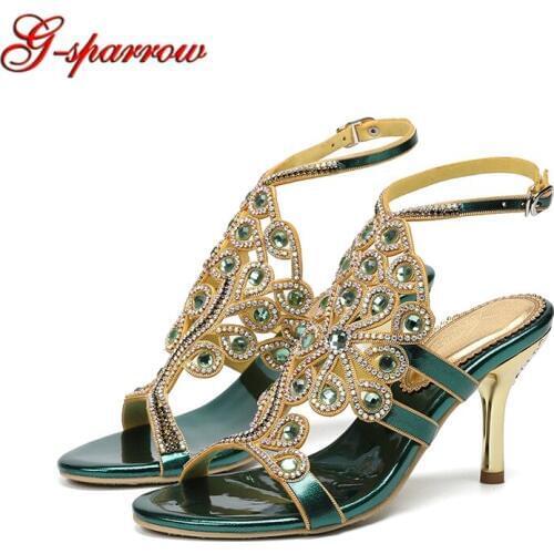 Green Crystal Women Summer Sandals Open Toe Rhinestone Birthday Party Shoes Wedding Bridal Sandals Silver Gold Bridesmaid Shoes