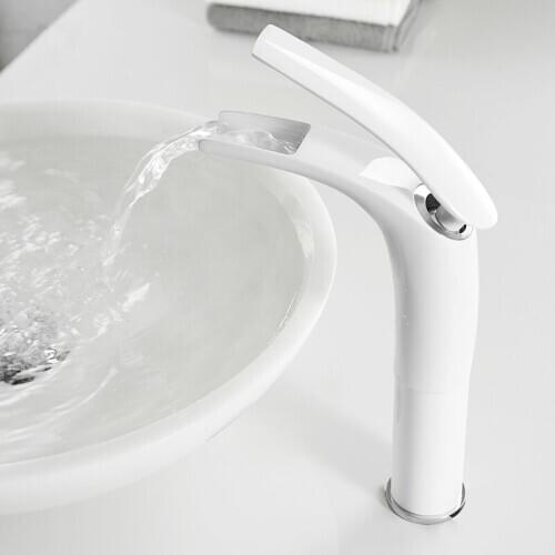 Basin Faucets Solid Brass Bathroom Sink Mixer Tap Hot & Cold Single Handle Deck Mounted Lavatory Waterfall Crane Taps White