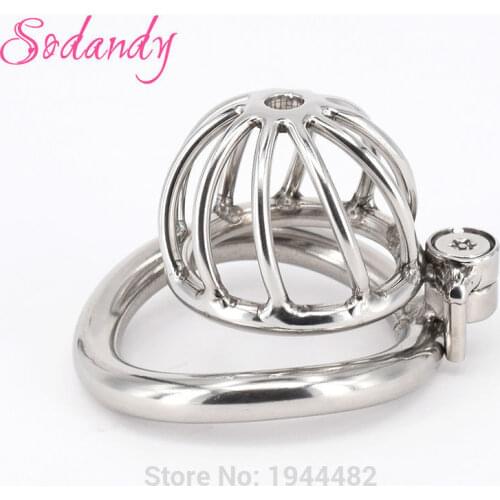 SODANDY Chastity Devices Male Small Penis Lock Stainless Steel Chastity Belt Metal Cock Cage For Men With Curved Penis Rings