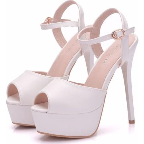 Women sandals wedding Party Lace PU Buckle Strap 14CM Thin High heels Peep Toe waterproof sandal women shoes 2020 size 35-42