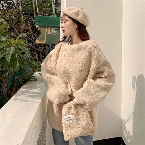 Womens Winter Plus Velvet Thickening Korean Version Of Lazy Wind Loose Soft Cashmere Solid Color Pullover Hoodies Tops