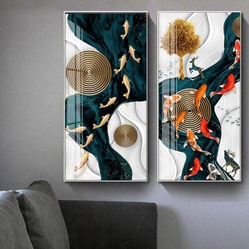 Golden Red carp Deer Annual ring tree birds Modern Decorative Pictures Canvas Printed Wall Art Poster for porch Living Room offi