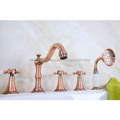 Antique Red Copper Bathroom Roman Tub Faucet Widespread 5pcs Tub Mixer Tap Deck Mounted with Hand Shower Ntf215